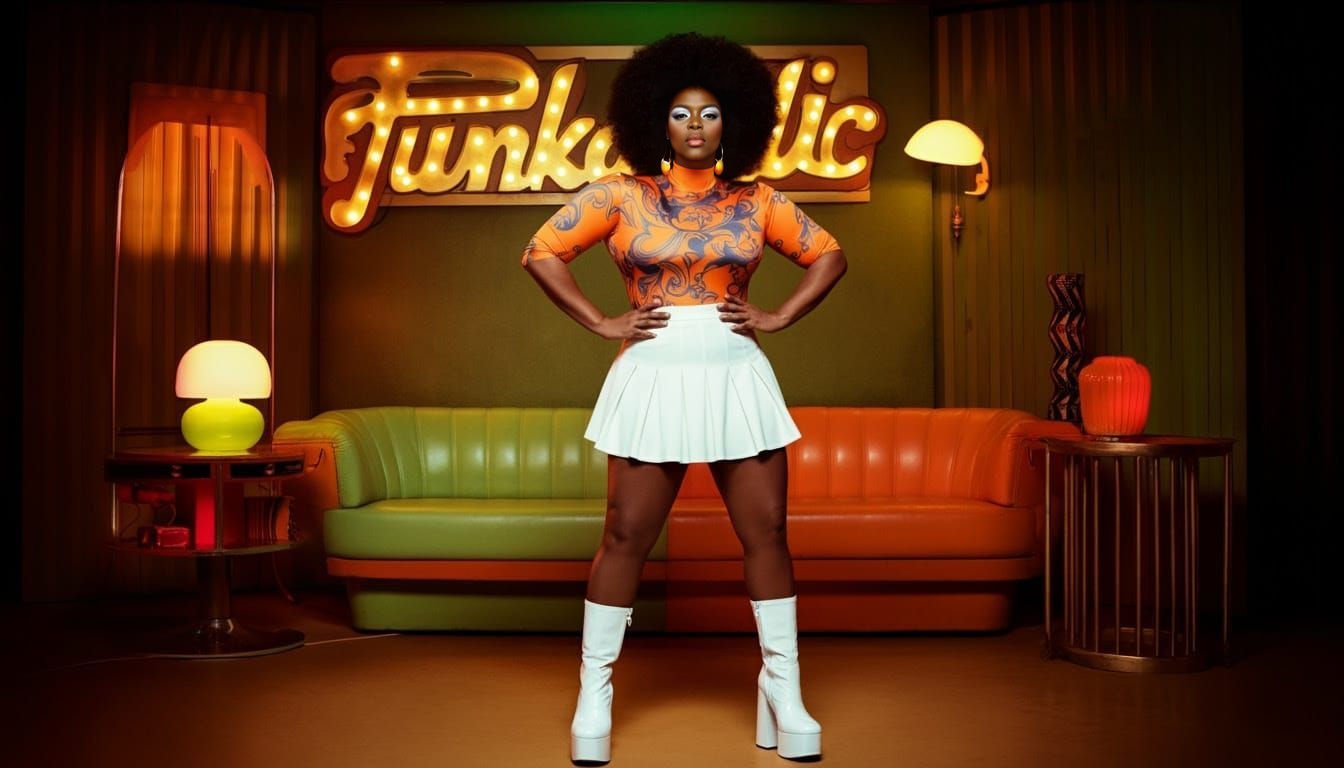 Stylish 70s Black Woman in Psychedelic Editorial Photo