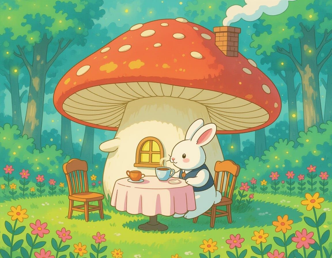Rabbit Tea Party in Mushroom House, Ghibli Style