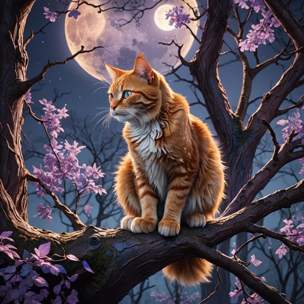 Surrealism  an image of a mystical ginger cat with patterns on its fur sitting on a tree branch in an enchanted forest u...