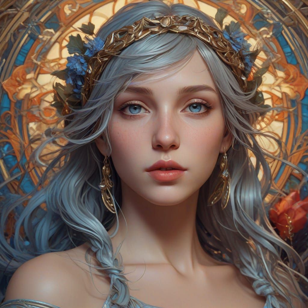 Mature Woman in Art Nouveau Style with Piercing Blue Eyes