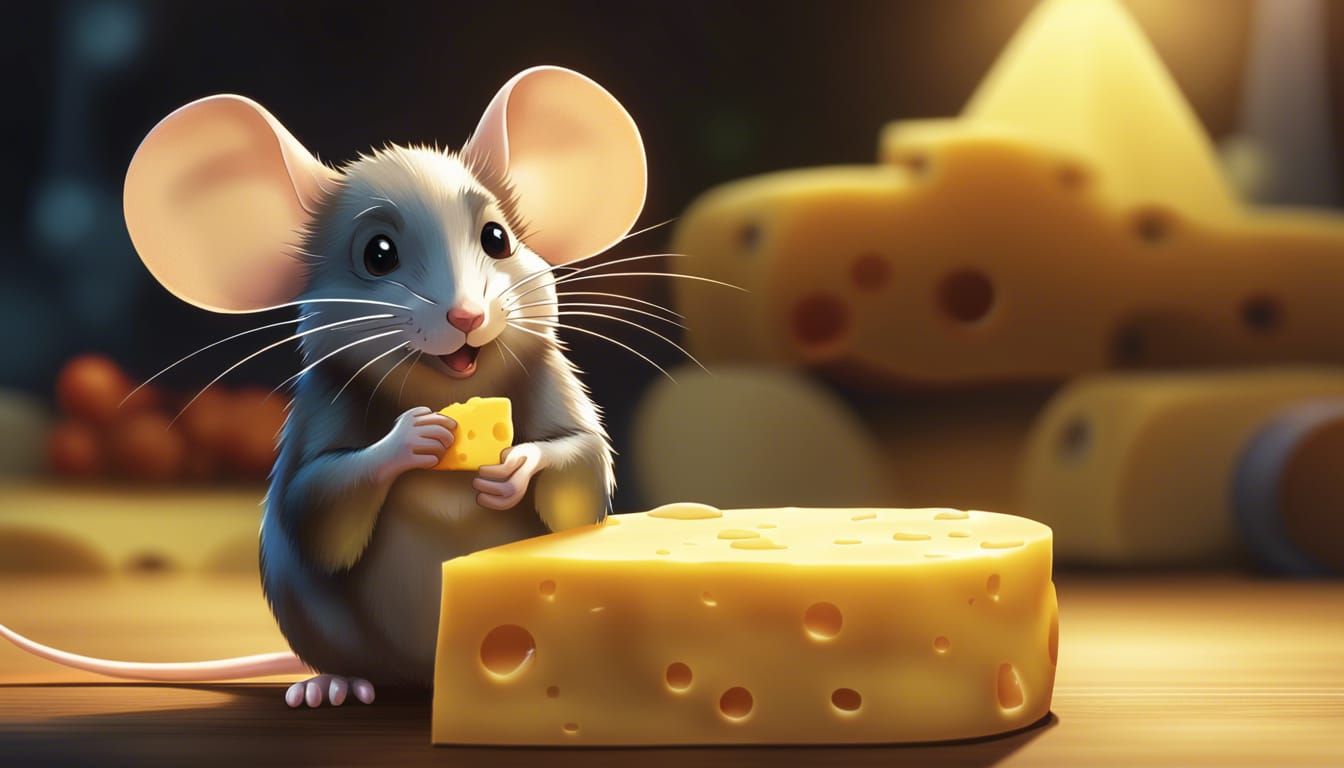 Cute Cartoon Mouse on Cheese, Ghibli Anime Style