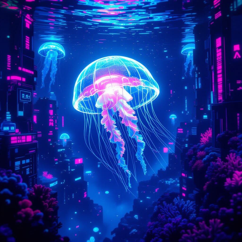 Bioluminescent Jellyfish in Underwater Cyberpunk City