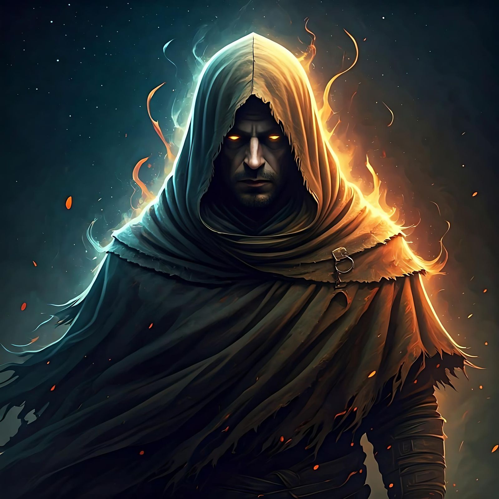 Cloaked Figure's Hyperrealistic Aura Under Night Sky