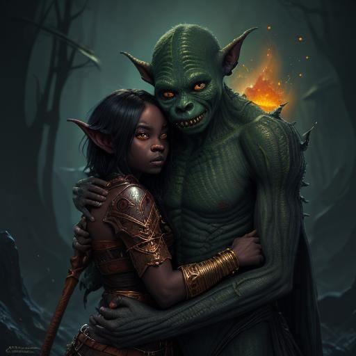 Black Woman Hugging Goblin in Detailed Matte Painting