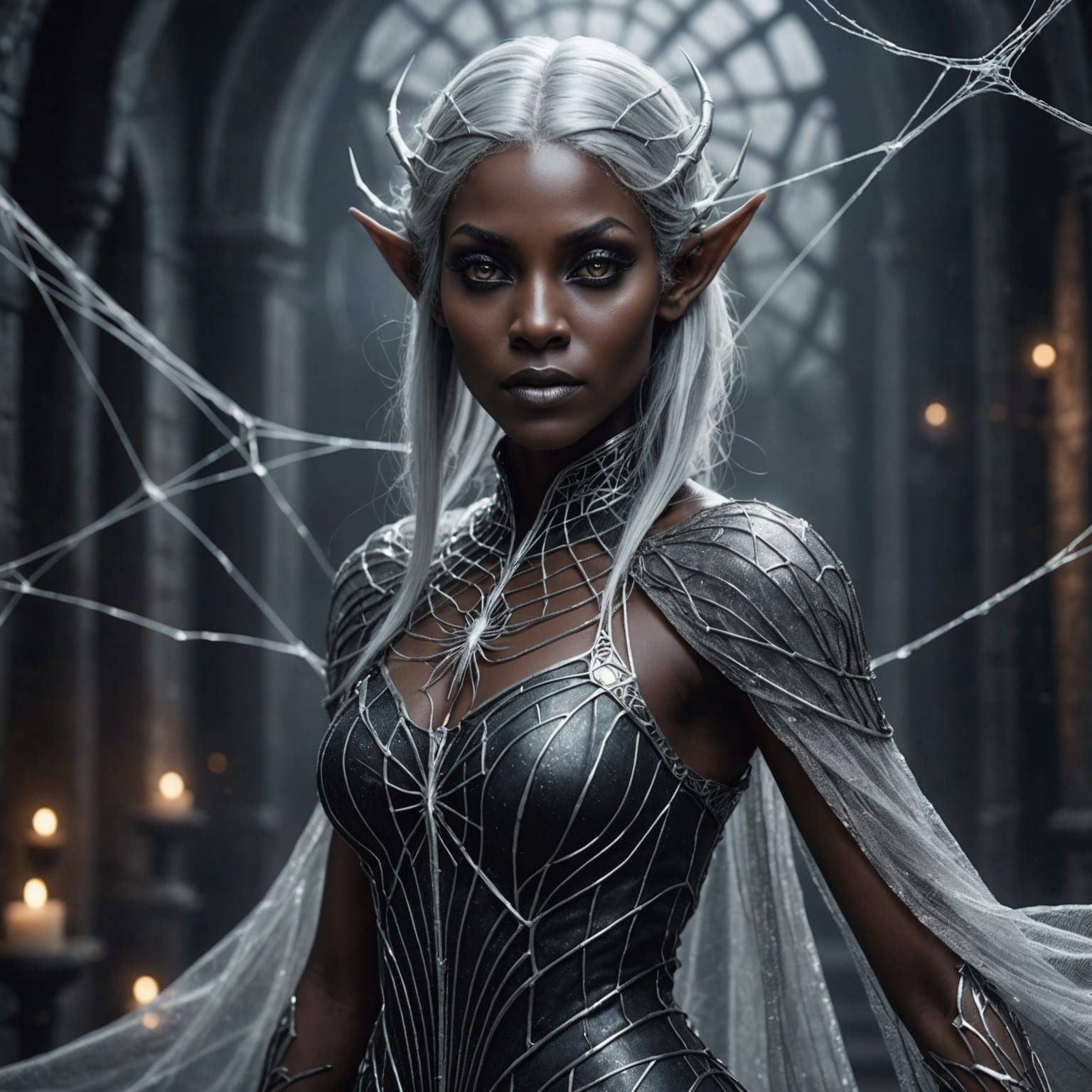 Gorgeous Dark Elf in Silver Web Dress