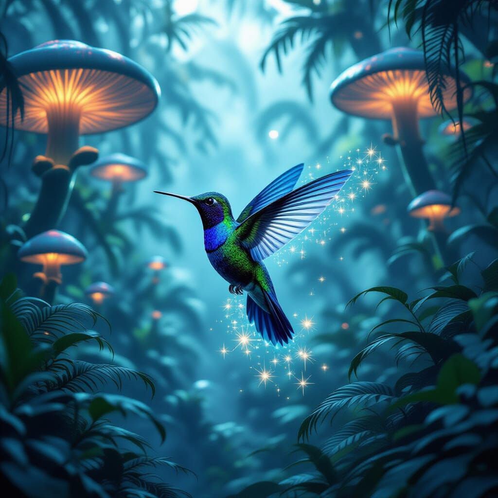 Bioluminescent Hummingbird in an Alien Jungle