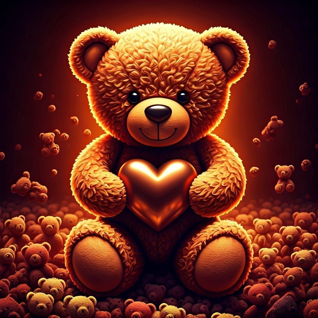 Fluffy Bronze Teddy Bear with Heart, Detailed Matte Painting