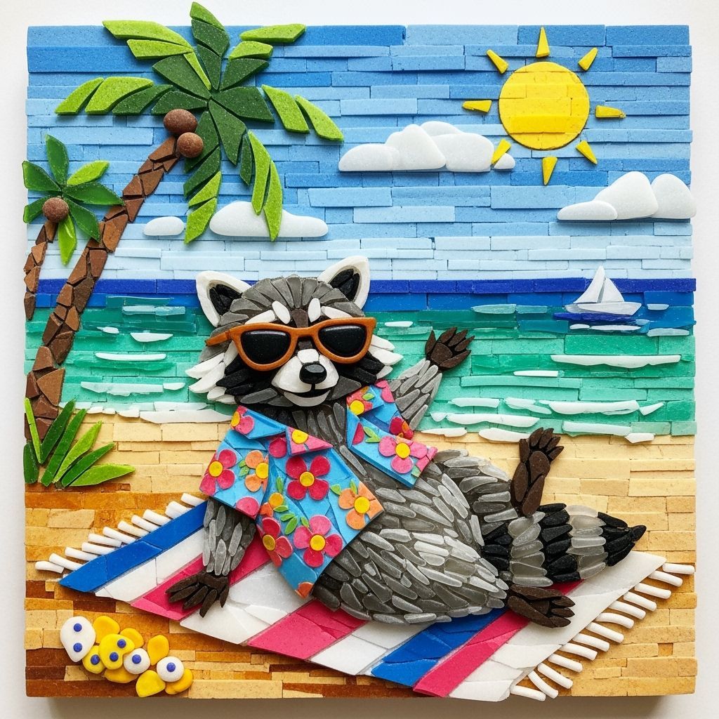 Sea Glass Raccoon Lounging on Beach in Mosaic Style