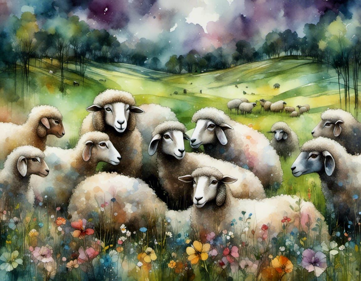 Colorful Sheep Grazing in Dreamy Watercolor Pasture