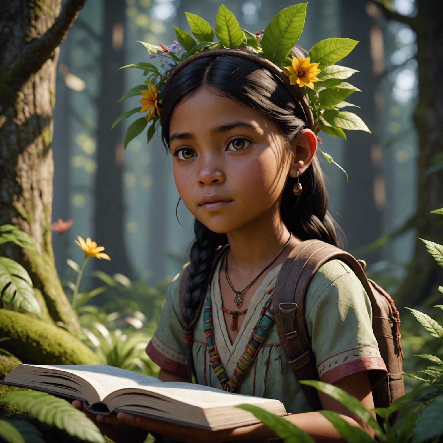 Indigenous Girl Seeks Forest Knowledge in 3D Render