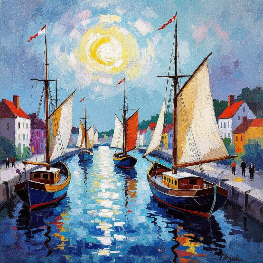 1779 Harbor Scene with Schooners, Abstract Art Style