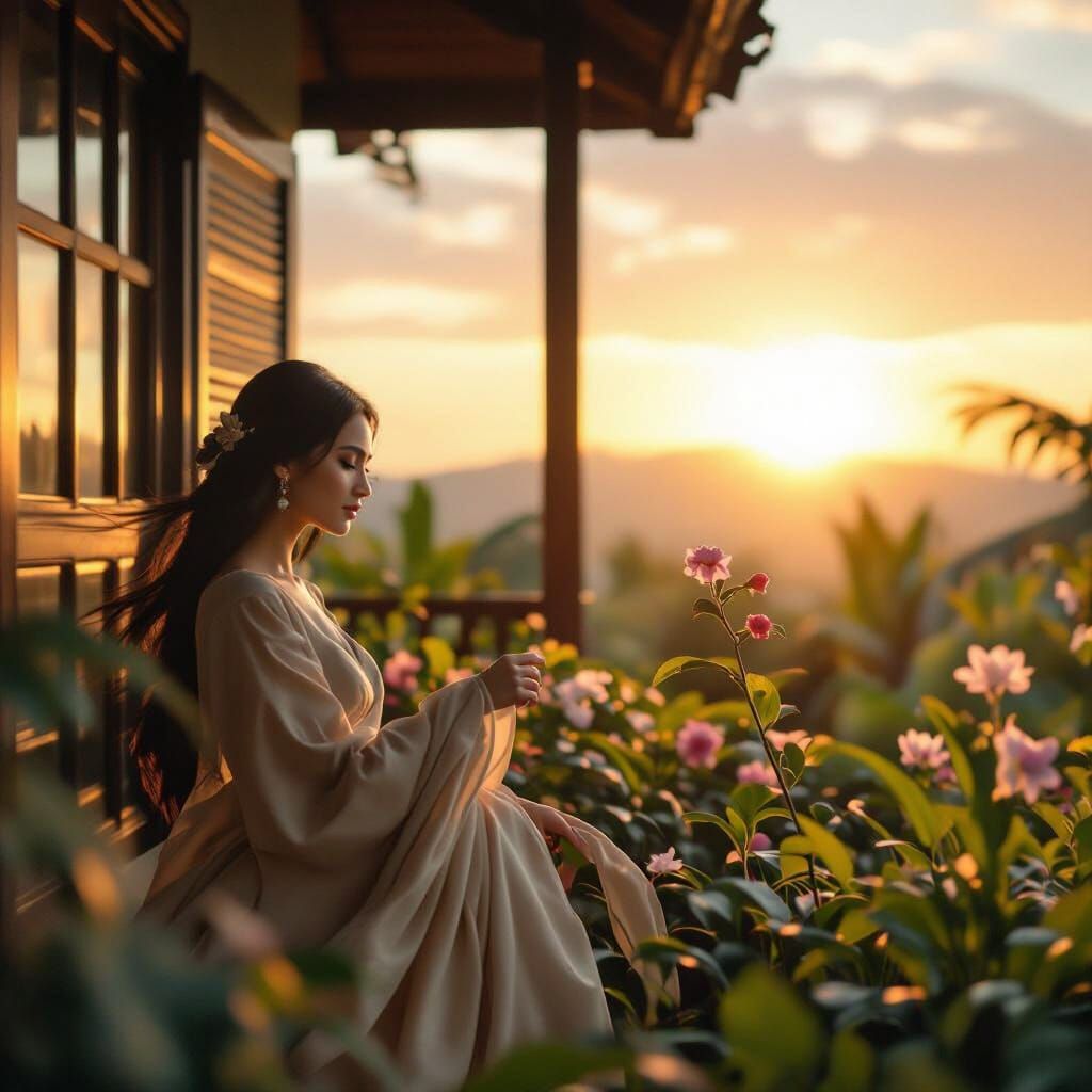 Elegant Filipina Woman in Modern Filipiniana Dress in Garden