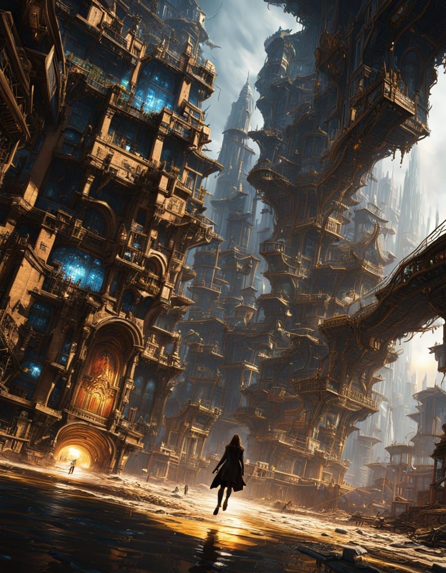 Woman Leaping Between Doors in Floating City