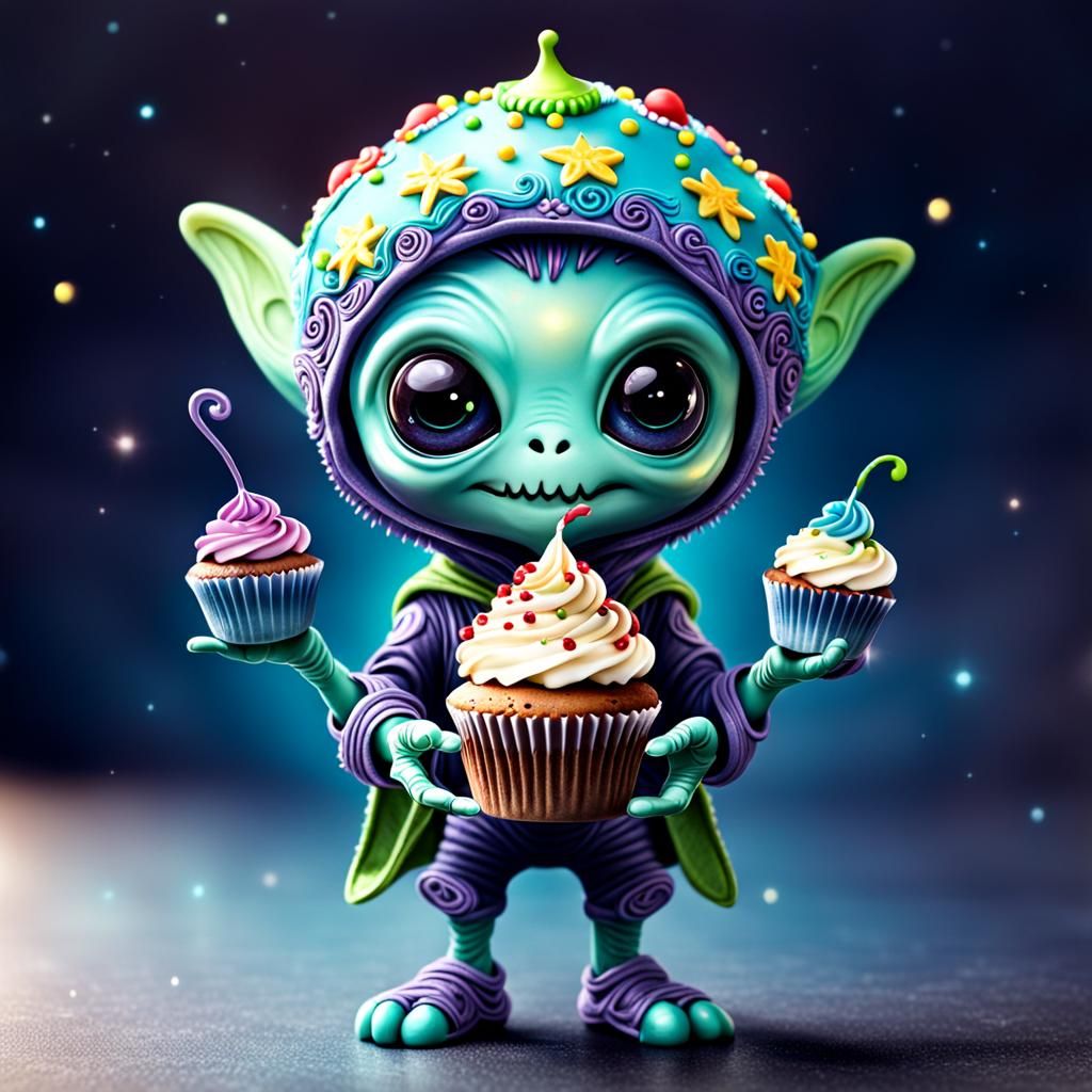 Adorable Chibi Alien Offers Cupcake