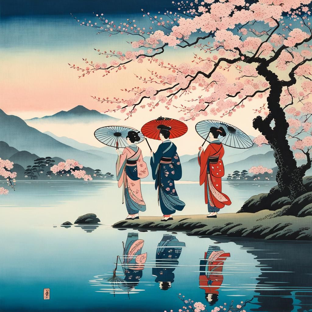 Ukiyo-e Woodblock Print of Ladies by a Lake