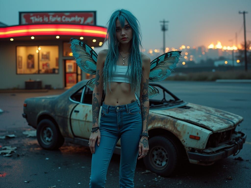 Woman with Fairy Wings in Dystopian Landscape