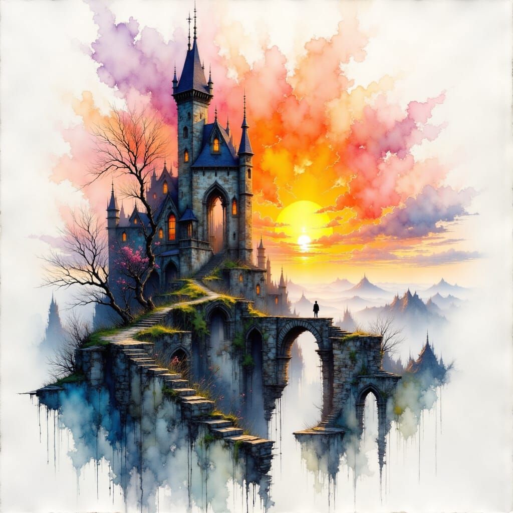 Castle Ruin in Vibrant Watercolour Sketch Style