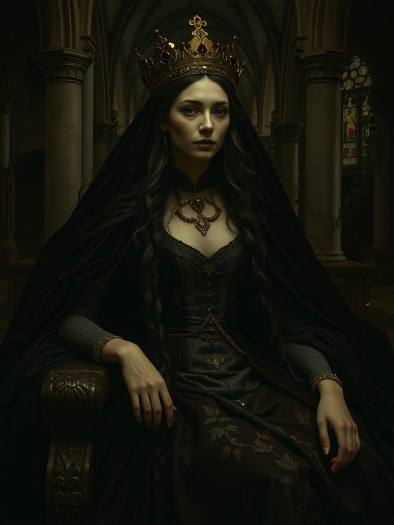 Gothic Queen on Crumbling Throne in Cathedral