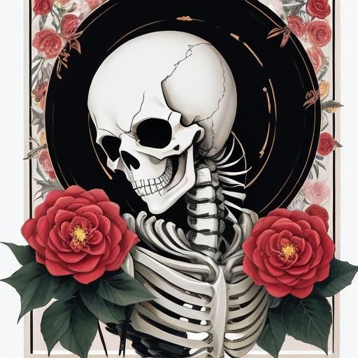 Manhwa Skeleton with Camellias in Gouache Style