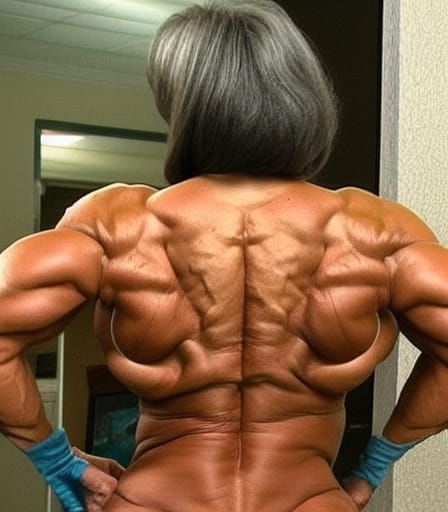 Muscular Bodybuilder Grandma Showing Off Back