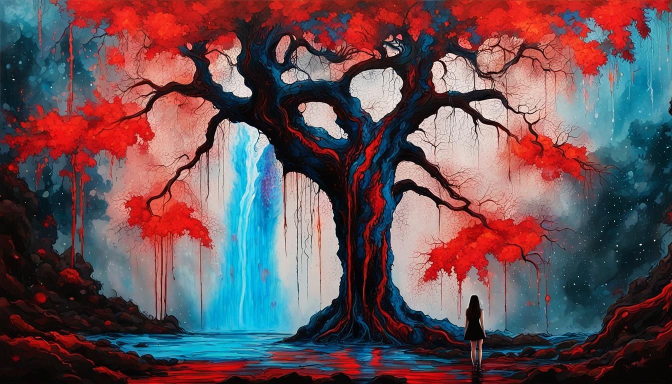 Splatter Painting: Ancient Tree and Neon Waterfall