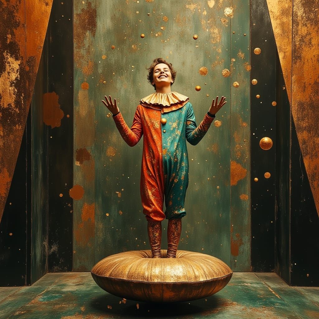 Levitating Circus Clown Juggling Under Spotlight