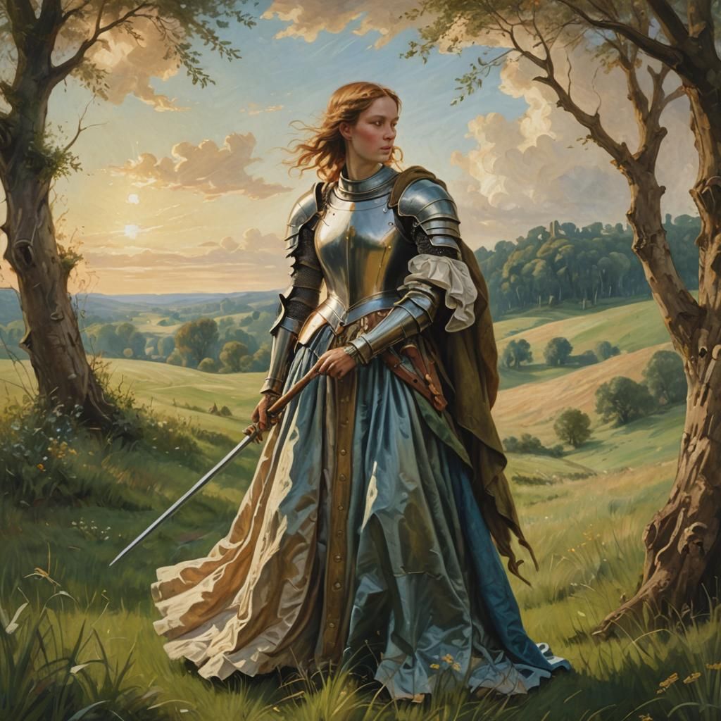 Renaissance Woman Knight in Lush Green Meadow