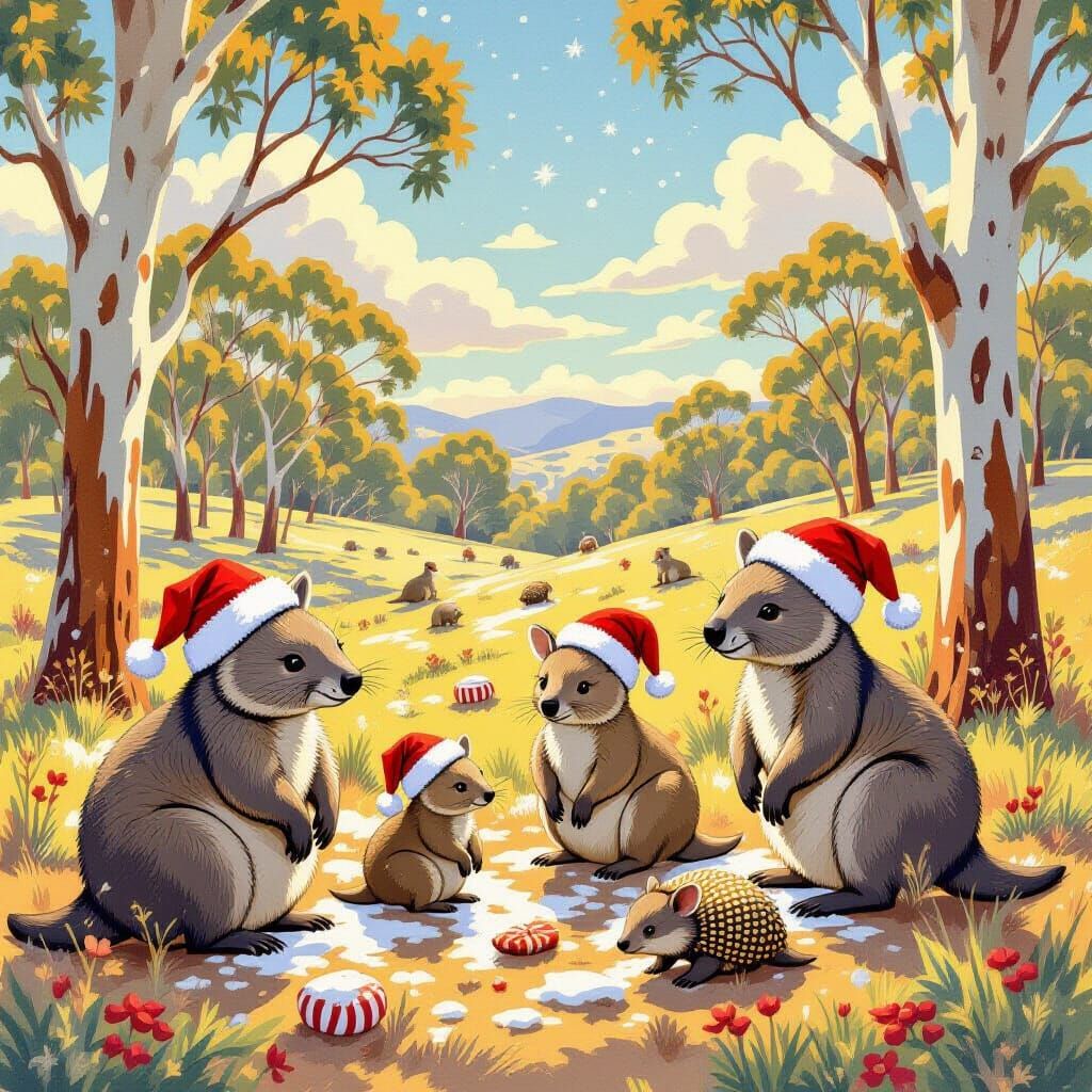 Australian Animals Celebrate Christmas in Whimsical Oil Pain...