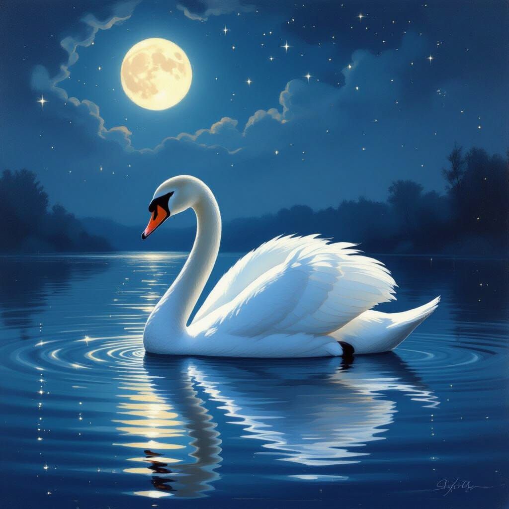 Serene Swan on Moonlit Lake in Classical Oil Style