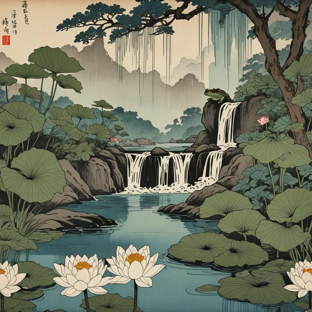 Lotus Pond Waterfall: Ukiyo-e Japanese Woodblock Print