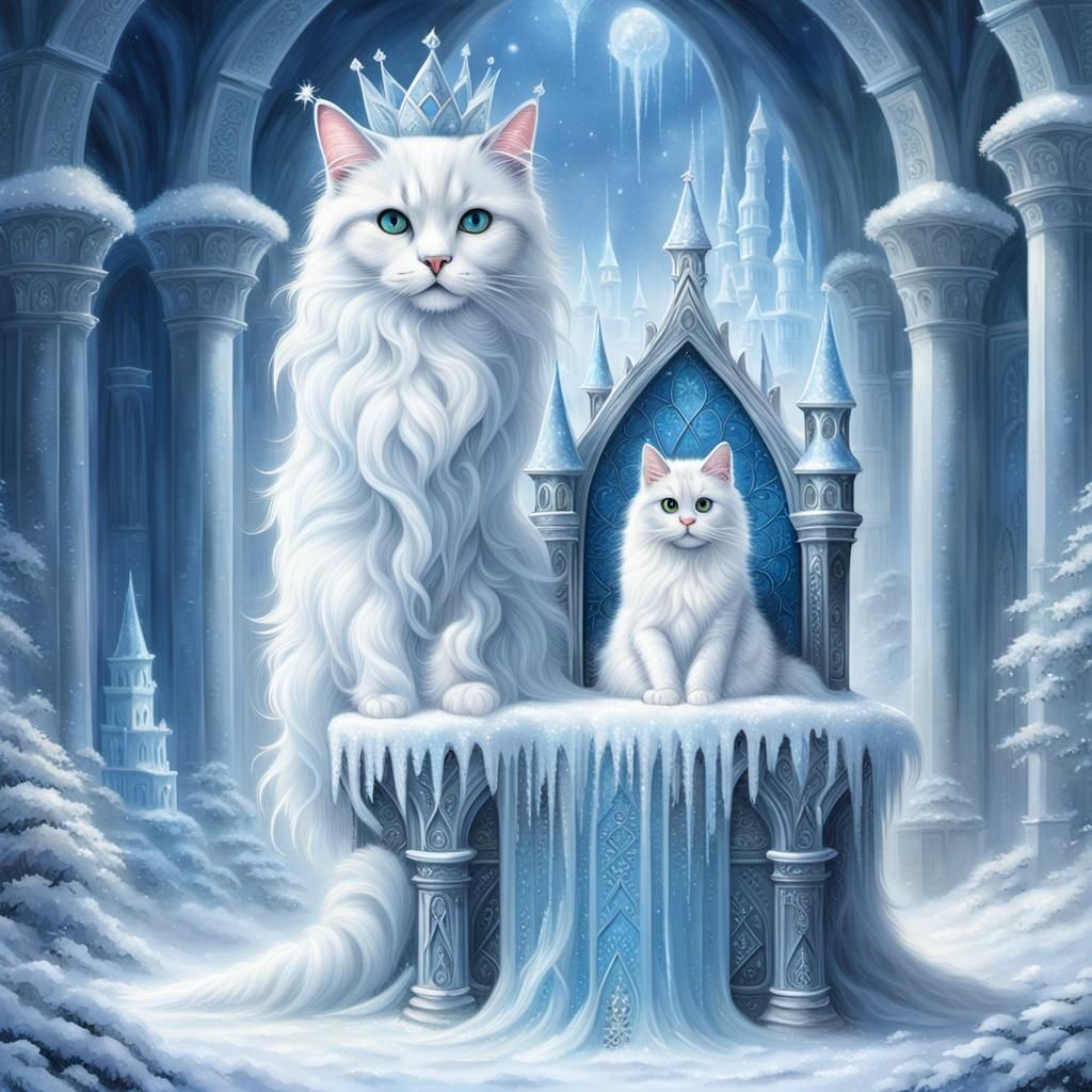 Snow Queen on Icy Throne with White Cat