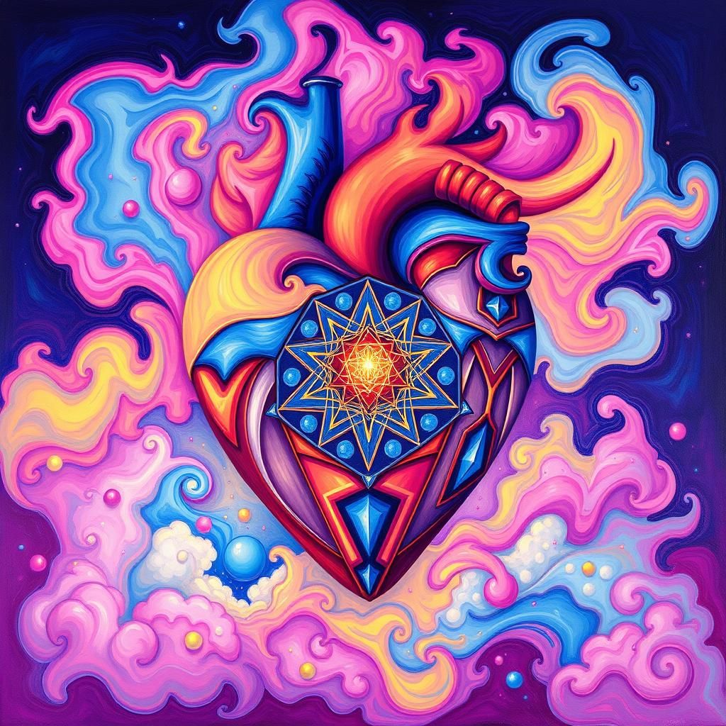Sacred Geometry Heart Radiating Energy in Gouache