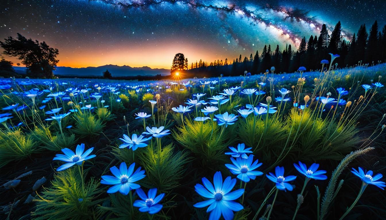 Bioluminescent Wildflower Field Under Cosmic Sky