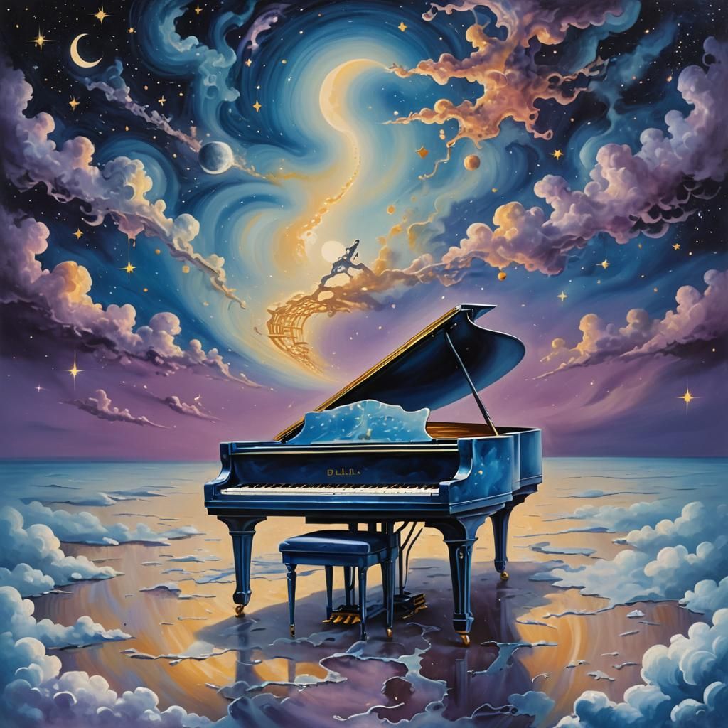 Dreamlike Blue Piano in a Starry Night Sky
