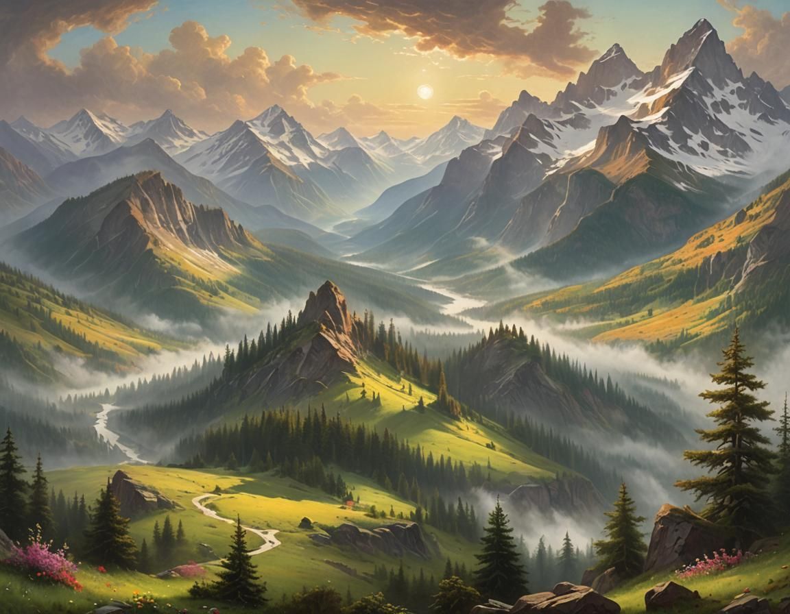 Misty Mountains and Verdant Valleys Landscape