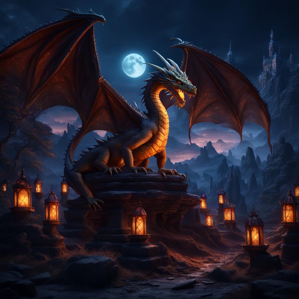 Dragon in Graveyard Under Beautiful Night Sky