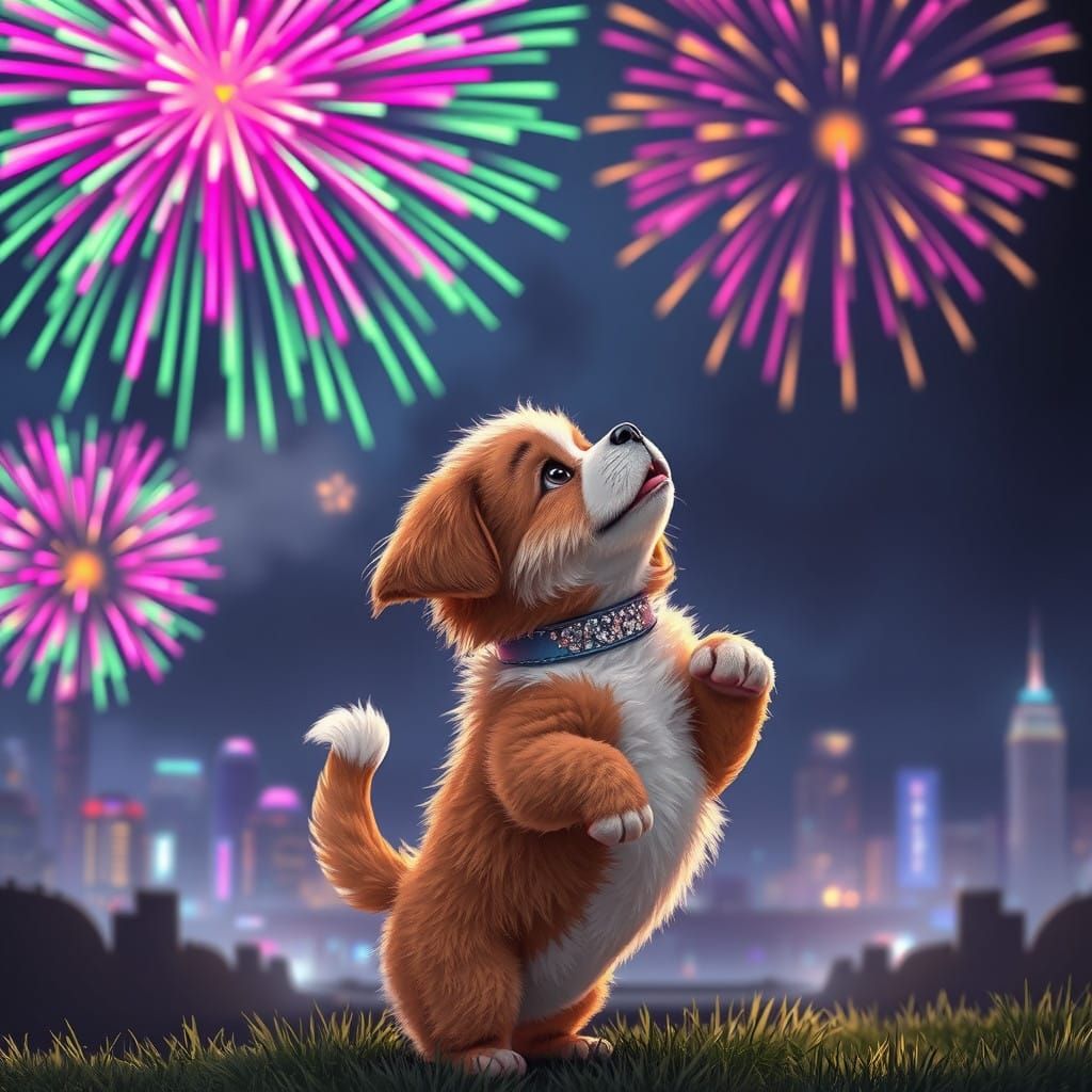 Futuristic Puppy Watches Vibrant Fireworks