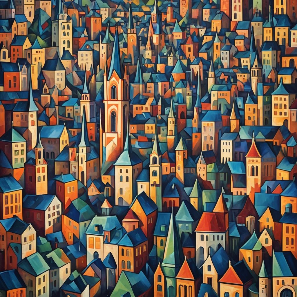 Neo-Cubist Cityscape with Geometric Fauvism Style