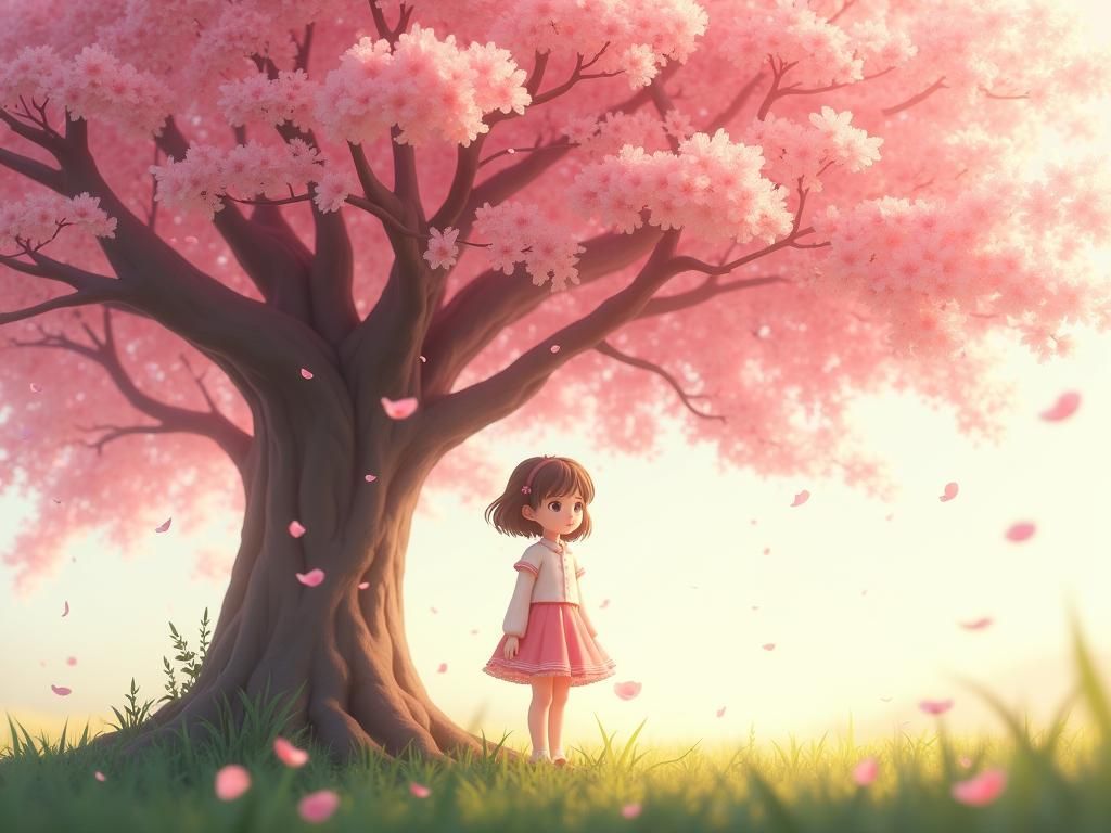 Girl Under Cherry Blossom Tree: Digital Anime Art