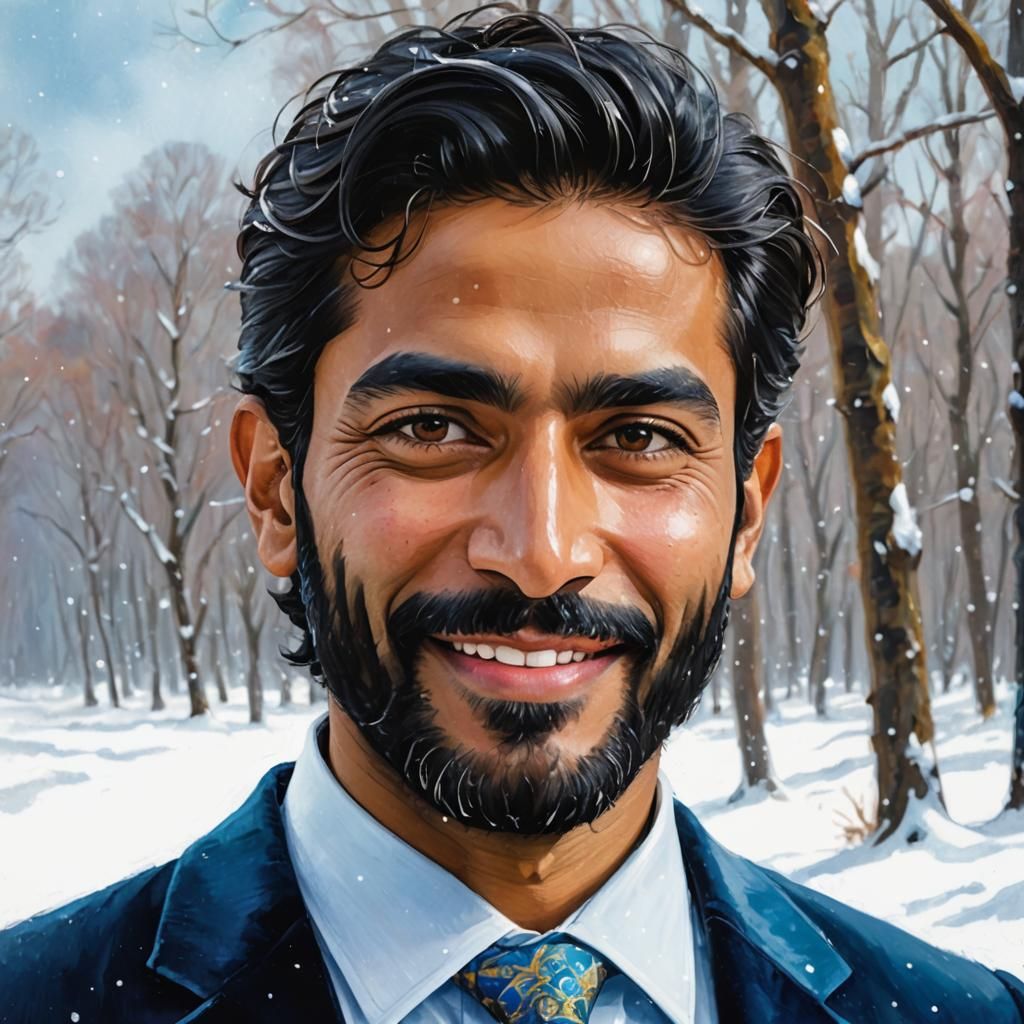 Snowy Forest Portrait in Impressionist Oil Style