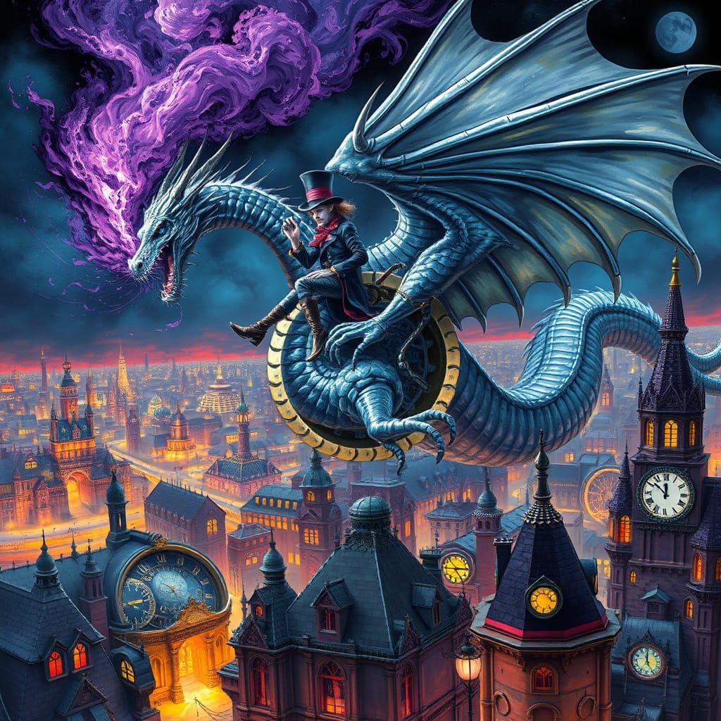 Silver Dragon with Mad Hatter Over Steampunk City
