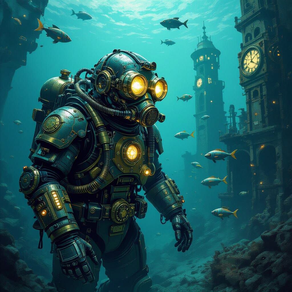 Cyborg Diver Explores Sunken Steampunk City