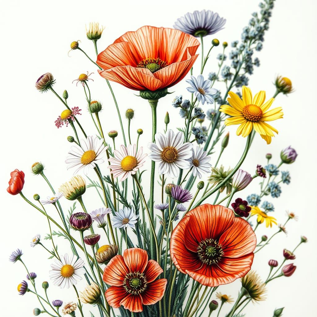 Detailed Botanical Drawing of Wildflowers and Herbs
