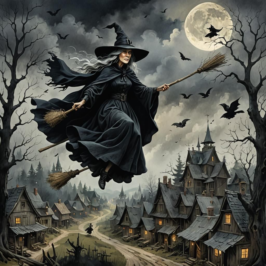 Old Witch Flying Over Village in Magic Realism Style