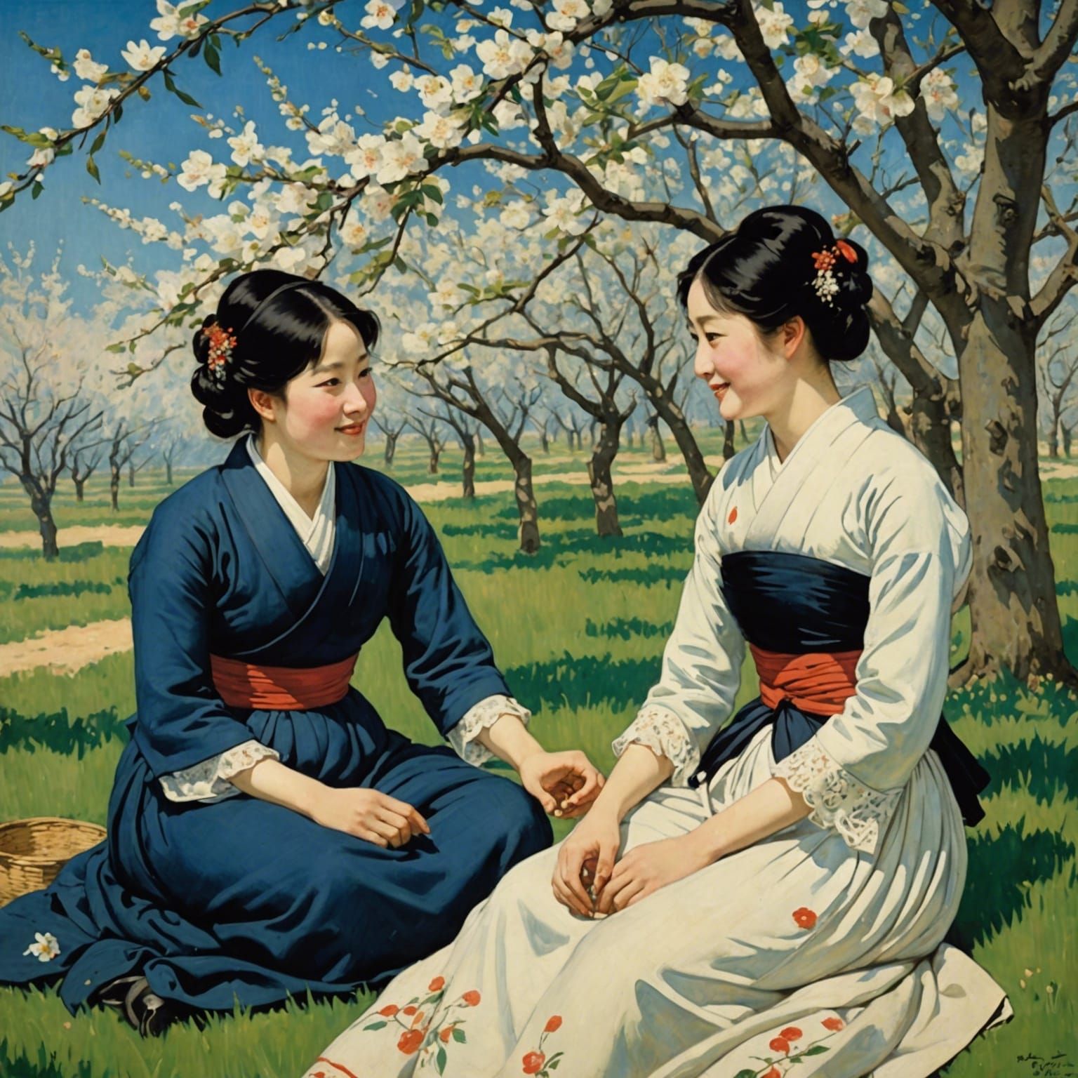 Art by Édouard Manet, Kazuma Kaneko, Goyo Hashiguchi ,Takabatake Kasho, Hasui Kawase Shin-hanga, in a cherry orchard in ...