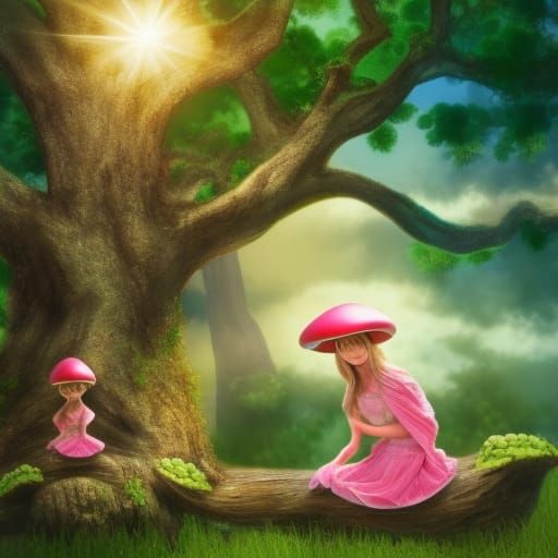 Mushroom Girl in Tree with Animals, Sunshine