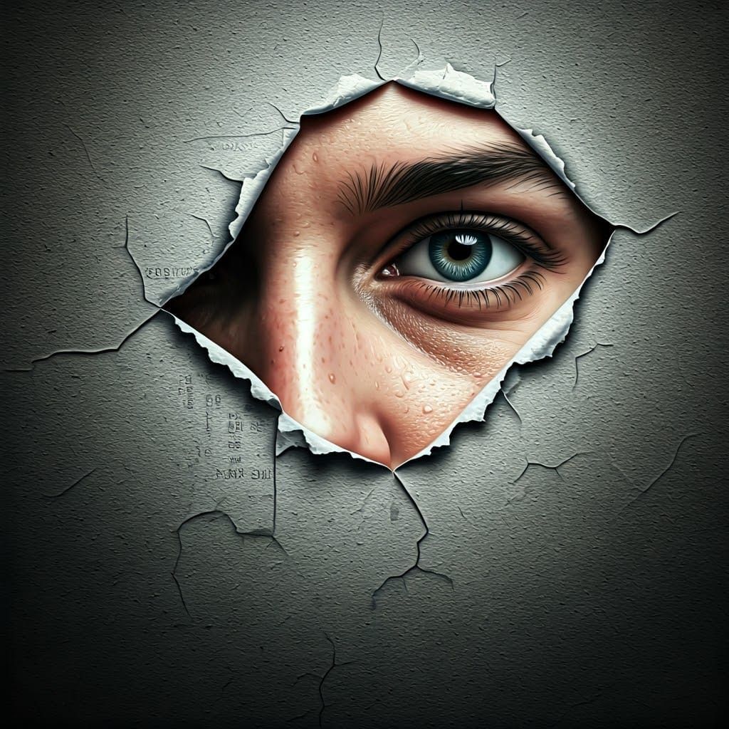 Hyperrealistic Face Peering Through Torn Surface