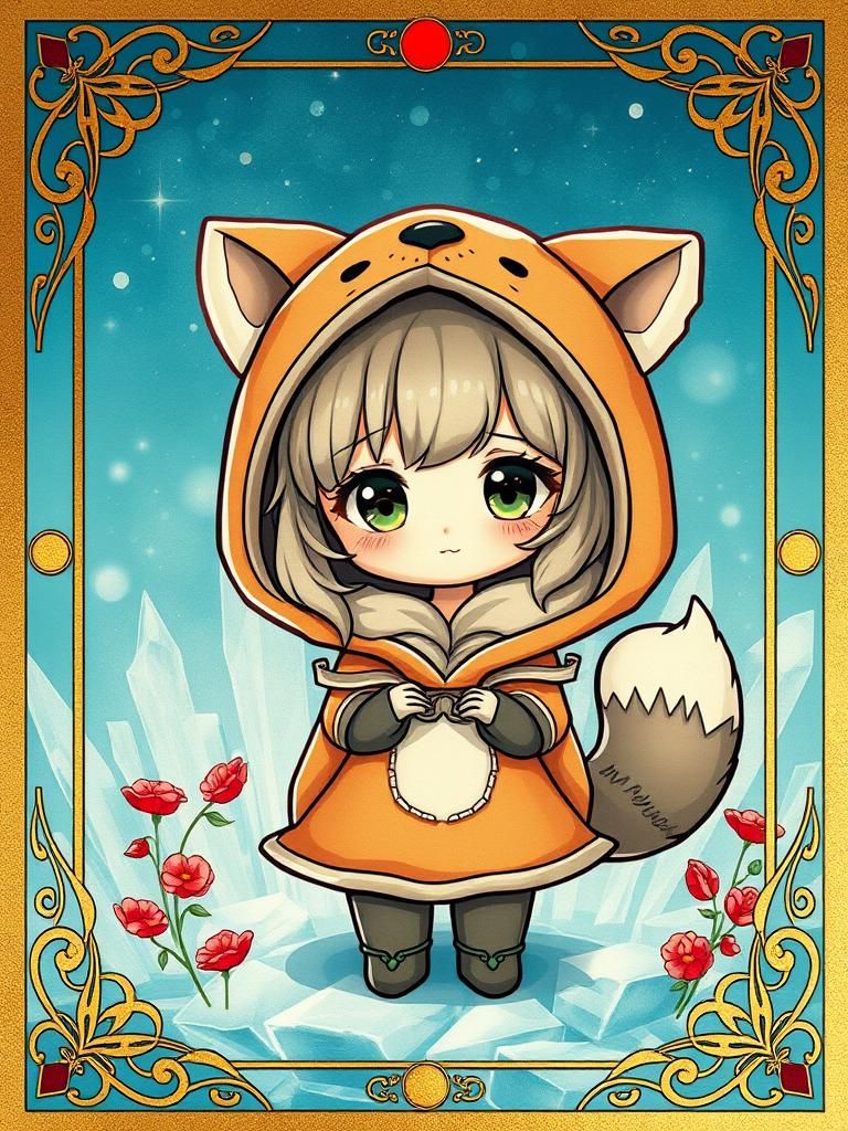 Chibi Girl in Animal Costume, Art Nouveau Card