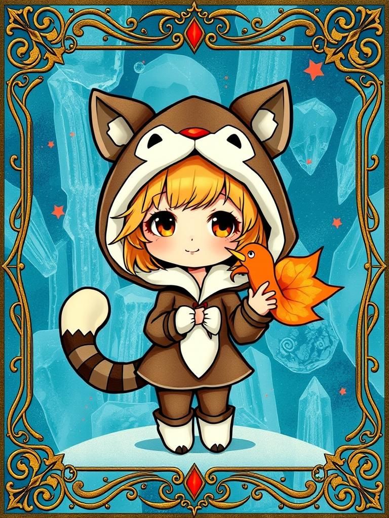 Chibi Girl in Animal Costume, Art Nouveau Card