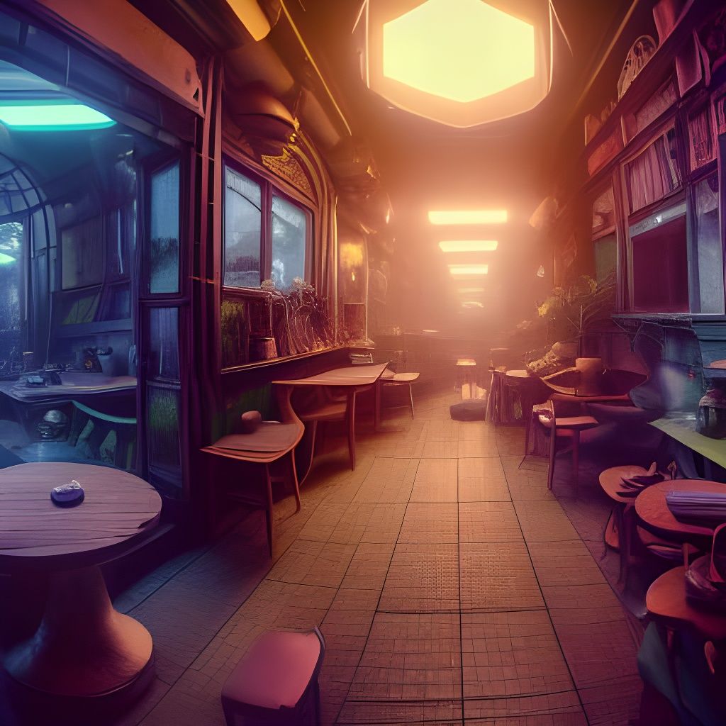 Overgrown Coffee Shop Interior with Neon Lighting